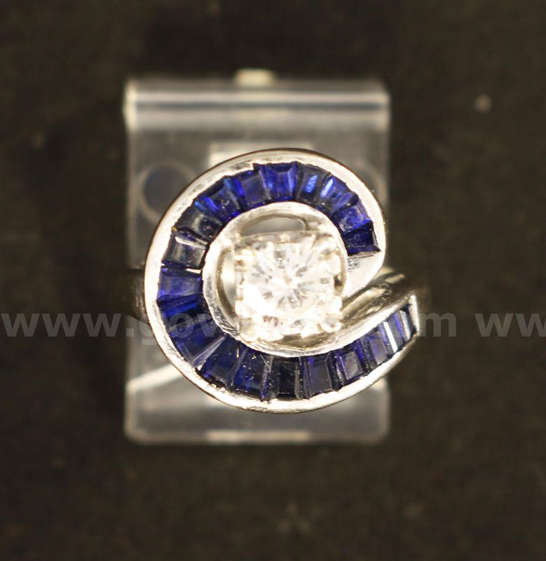 14K White Gold Diamond Ring With Sapphire Stones, 4.8 Grams