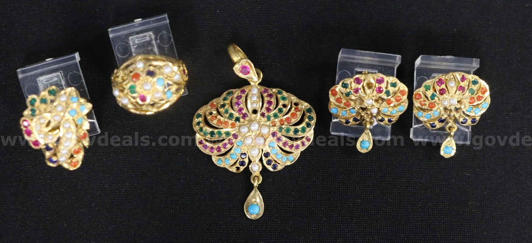 22k Yellow Gold Pendant, Rings, and Earrings with Multi-Color Stones, 26.4 Grams