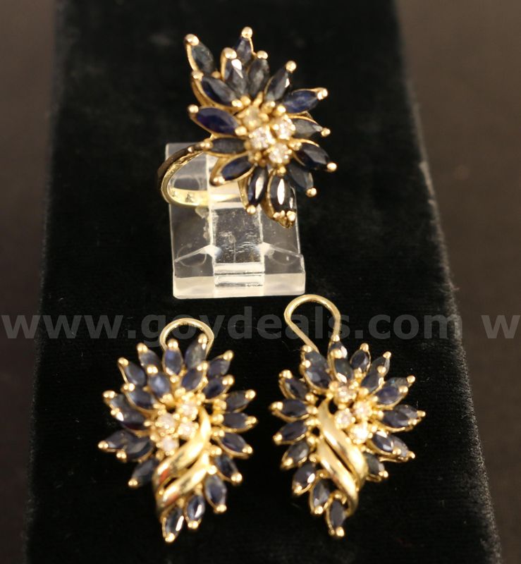 14K Yellow Gold Diamond & Sapphire Stone Jewelry Set, 14.0 Total Grams