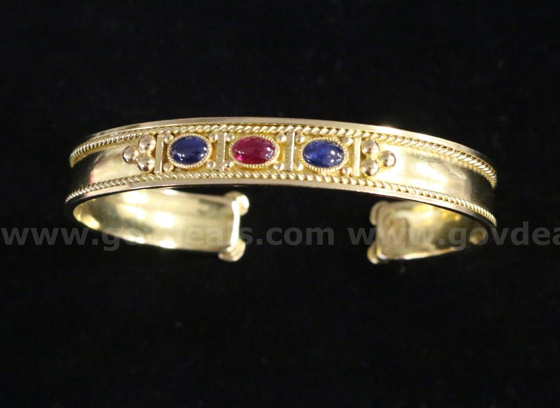 18K Yellow Gold Cuff Bracelet With Sapphires & Ruby, 20.1 Grams