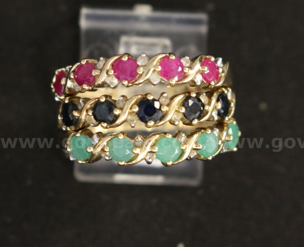 3 - 10K Yellow Gold Thin Rings With Diamonds & Colored Stones, 5.5 Total Grams