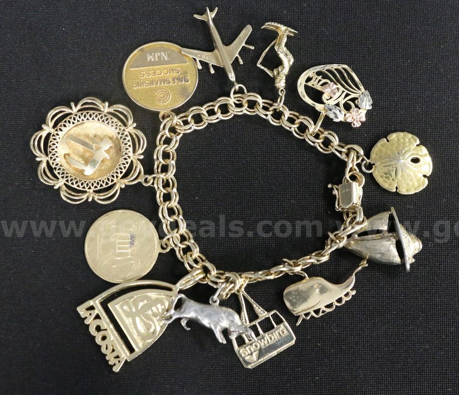 14K Y/G Double Curb Bracelet W/12 Gold, Silver & Other Metal Charms, 47.5 Grams