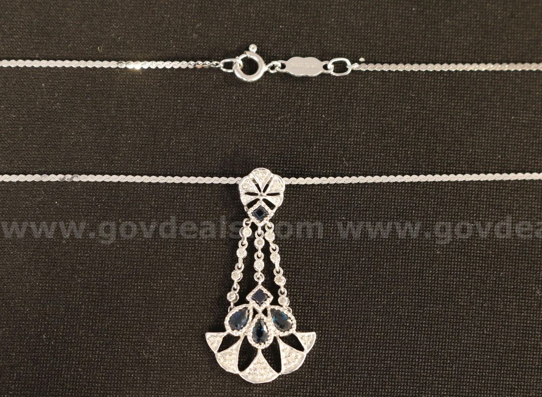 14K White Gold Necklace & Pendant W/Sapphires & Diamonds, 5.9 Grams