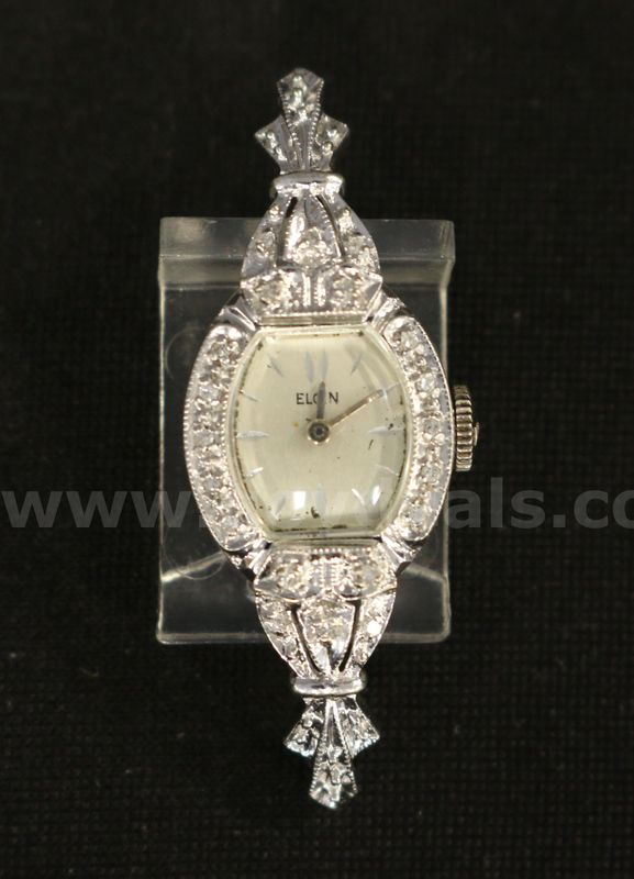 Vintage Ladies Elgin 14k White Gold Watch Head With Diamonds, 5.5 Grams