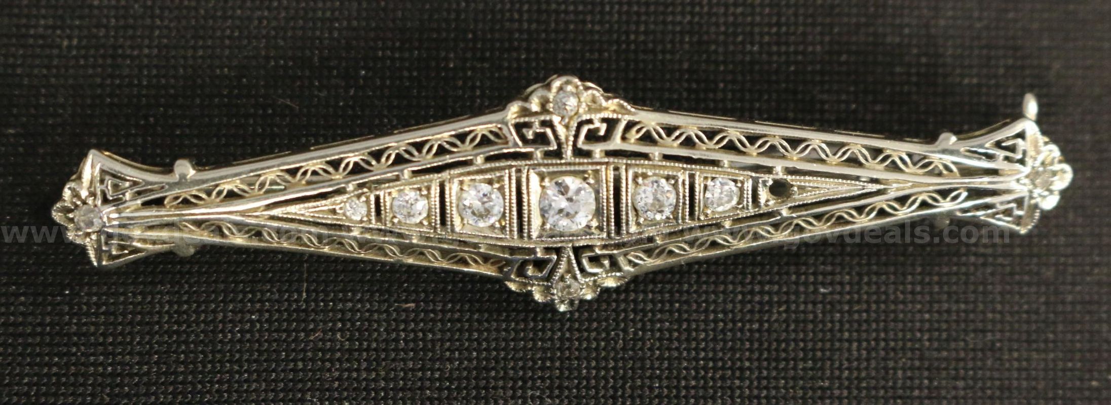 18K White Gold Filigree Diamond Brooch, 6.2 Grams
