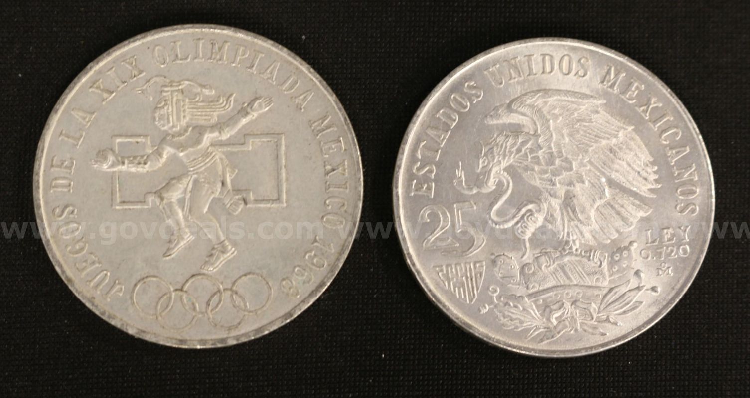 50- 1968, 25 Pesos Silver Juegos De La XIX Olimpiada Mexico Coins, 1125.0 Grams