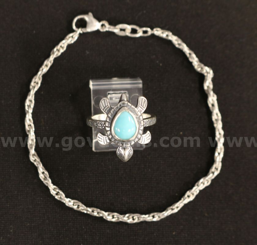 James Avery Sterling Silver Rope Bracelet and Turtle Gemstone Ring, 10.3 Grams