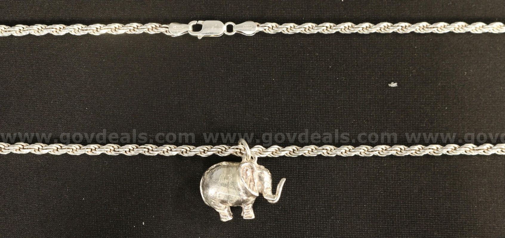 Sterling Silver Rope Chain Necklace and Elephant Pendant, 48.1 Grams
