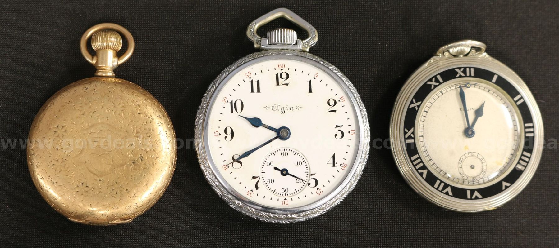 3 Vintage Elgin Gold-Filled Pocket Watches, All Running & 14k White Gold Chain
