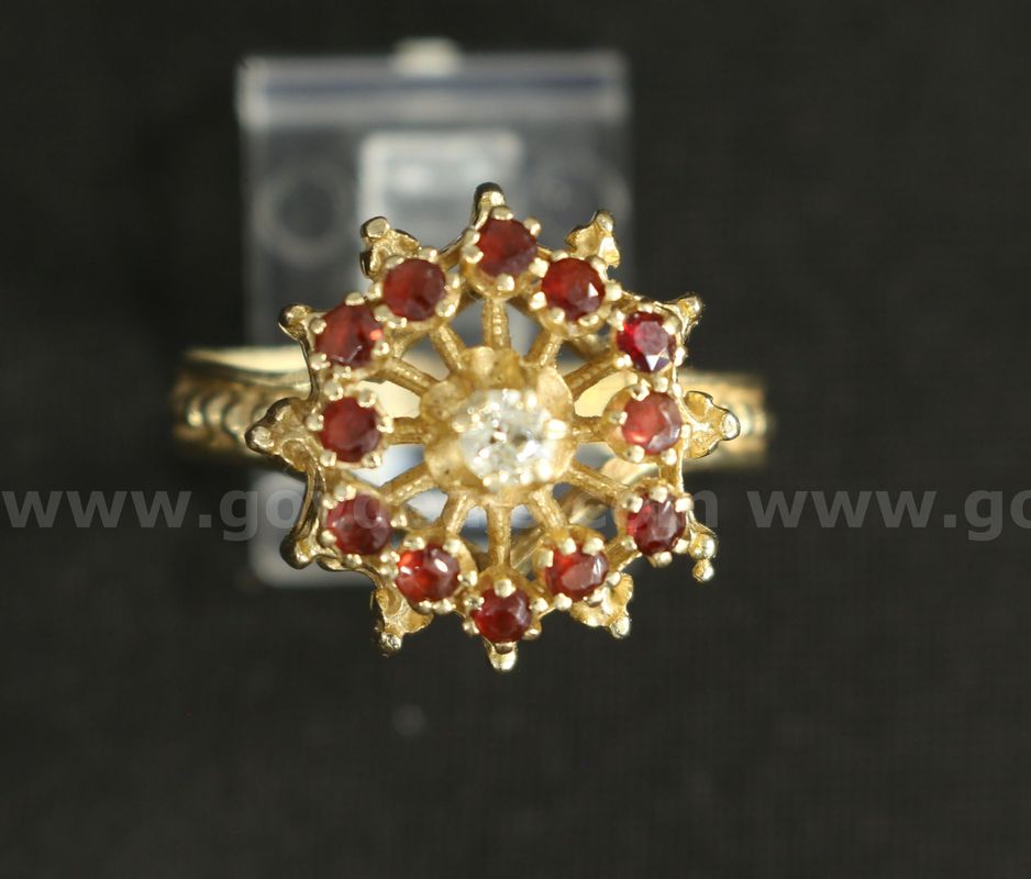14k Yellow Gold Halo Style Ring with Red Garnets and Diamond, 6.0 Grams