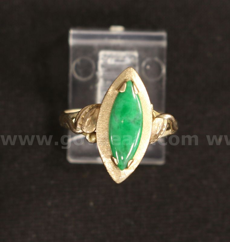 14K Yellow Gold Ring With Marquise Cut Jade Cabochon Stone, 3.2 Grams
