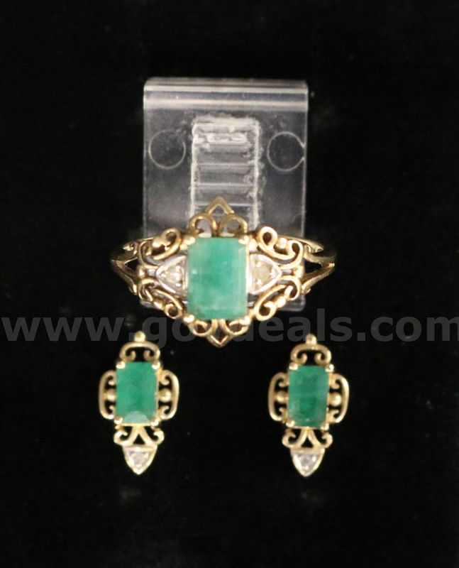 10k Yellow Gold Ring and Earring Set with Emeralds and Diamonds, 4.1 Grams