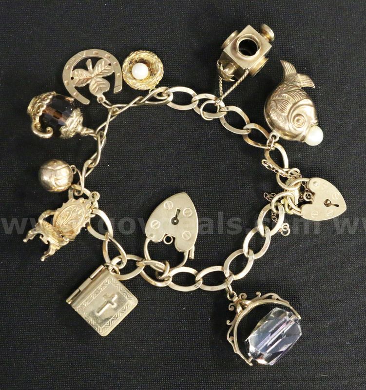 Vintage 9k Yellow Gold Curb Link Charm Bracelet with 11 Charms, 37.0 Grams