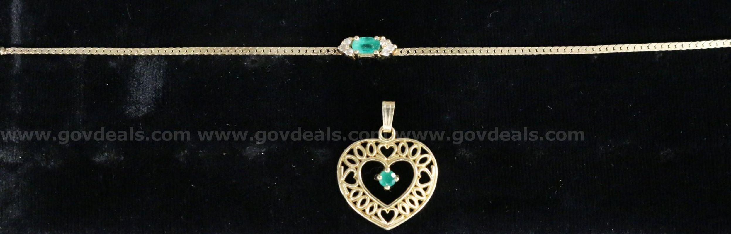14k Yellow Gold Bracelet and Pendant with Emeralds and Diamonds, 3.0 Grams