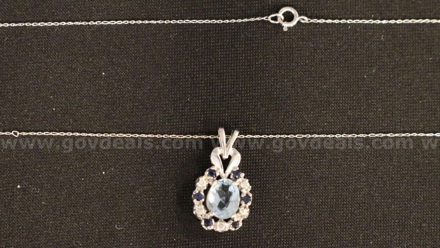 14K White Gold Necklace With Blue Topaz, Sapphire & Diamond Pendant, 2.9 Grams
