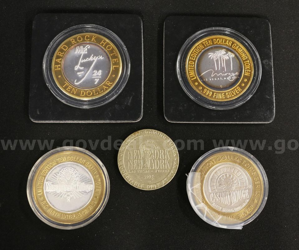 5 Assorted Casino/Collectible Casino Tokens, Some Silver