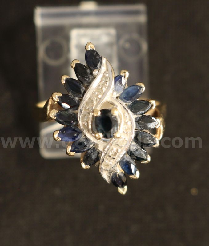 10K Yellow Gold Diamond Ring With Sapphire Stones, 3.6 Grams