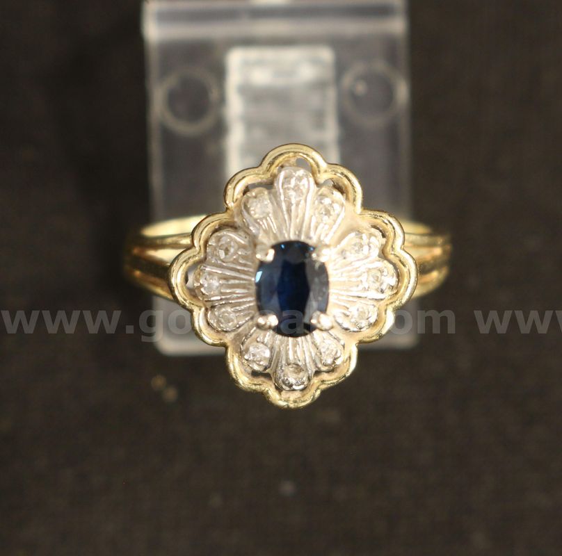 14K Yellow Gold Diamond Ring With Sapphire Stone, 3.8 Grams
