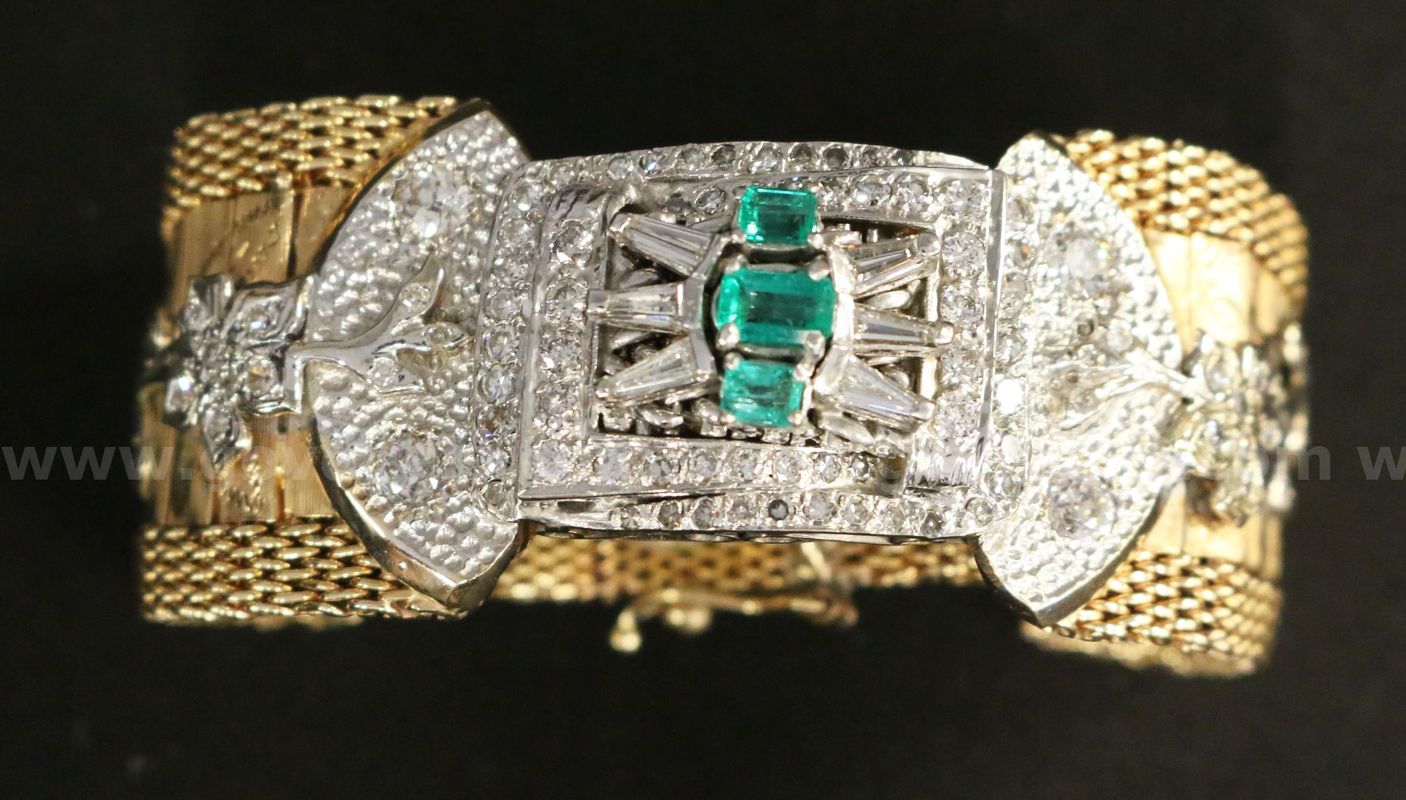 Vintage 14k Yellow Gold Bracelet with Emeralds and Diamonds, 64.1 Grams
