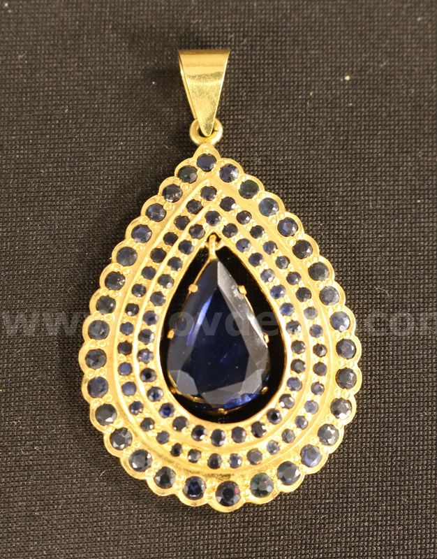 22K Yellow Gold Large Pear Shaped Pendant W// Blue Sapphires, 18.2 Grams