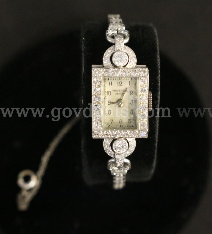 Vintage Universal Geneve Platinum Ladies Watch with Diamonds, 22.7 Grams