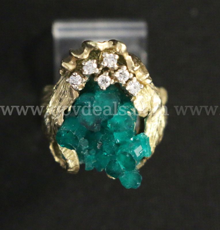 14k Yellow Gold Ring with Uncut Natural Emerald Cluster and Diamonds, 14.4 Grams
