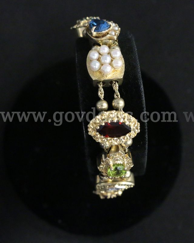 14k Yellow Gold Bracelet w/ Multi-Color Stones, Pearls, and Diamond, 25.3 Grams