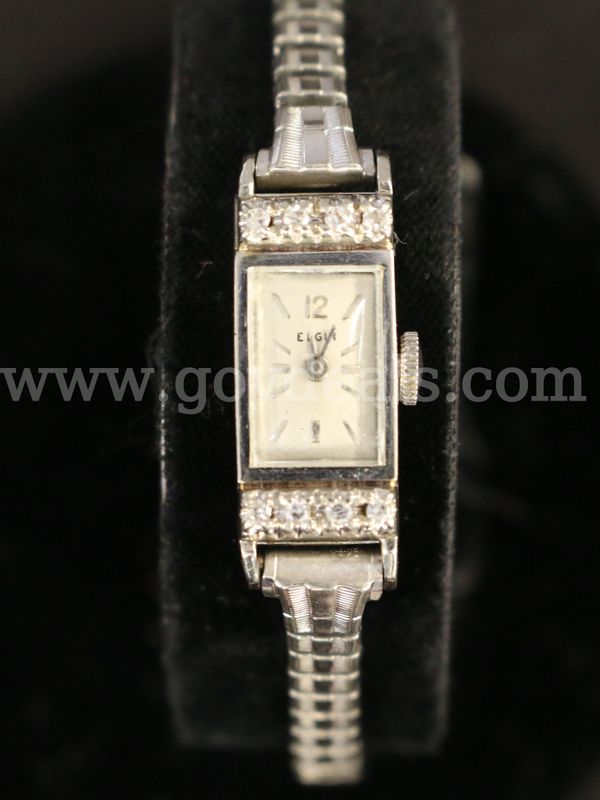 Vintage Elgin Ladies 10k White Gold Watch with Diamonds, Quartz Movement