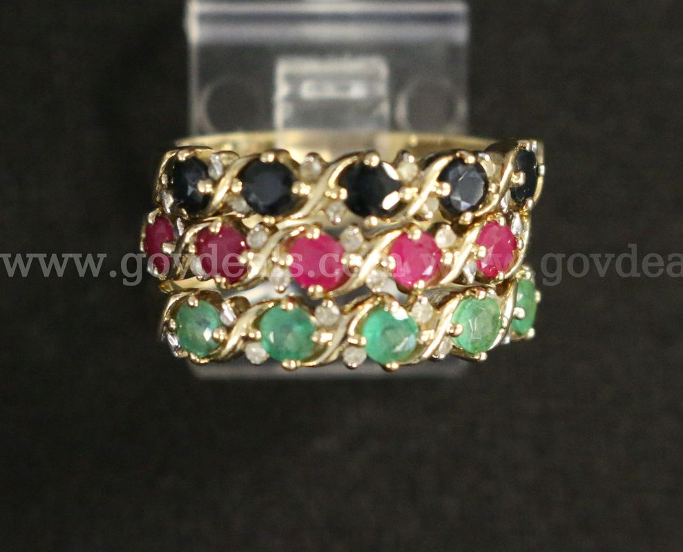 3- 10k Yellow Gold Rings w/ Sapphires, Rubies, Emeralds, and Diamonds, 5.4 Grams