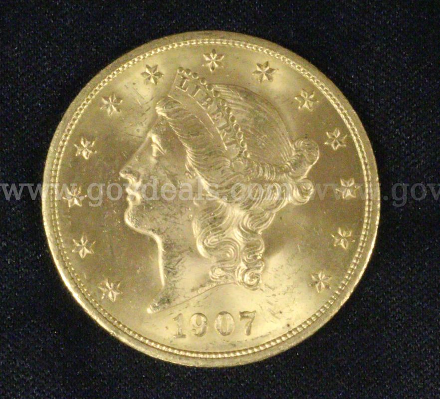 1907 U.S. $20 Liberty Gold Double Eagle Coin, 33.4 Grams