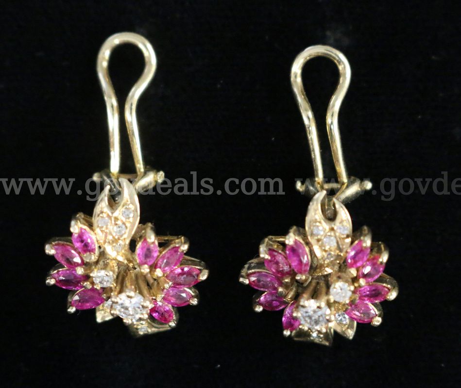 14k Yellow Gold Bow Design Earrings with Rubies and Diamonds, 5.5 Grams