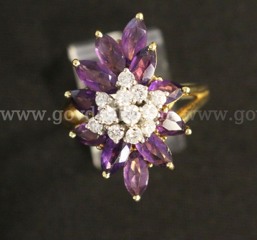 18k Yellow Gold Cluster Design Ring with Amethyst and Diamonds, 10.7 Grams