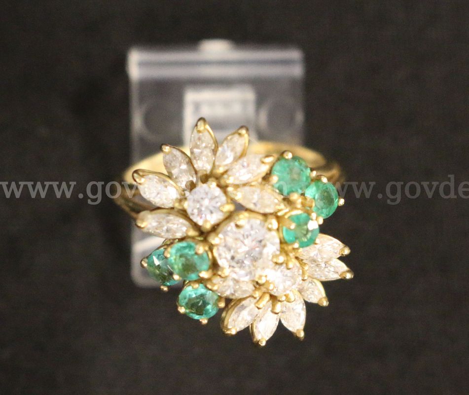 18K Yellow Gold Diamond Ring With Emerald Stones, 7.2 Grams