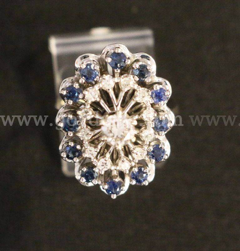 14K White Gold Diamond Ring With Sapphire Stones, 9.6 Grams