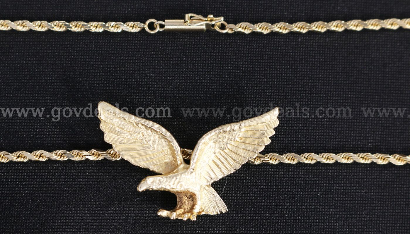 14K Yellow Gold Rope Necklace With Flying Eagle Pendant, 20.9 Grams