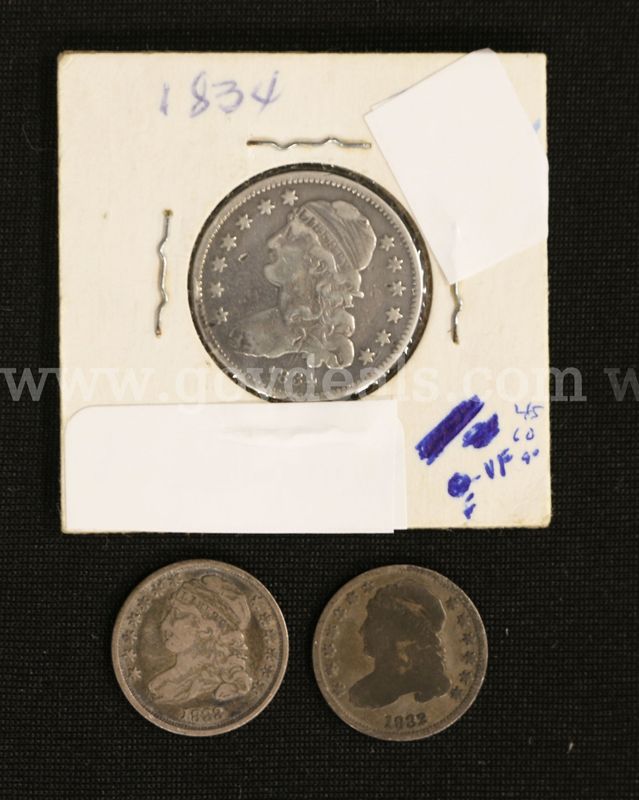 2 Assorted U.S. Capped Bust Dimes & 1 Capped Bust Quarter Dollar Coin