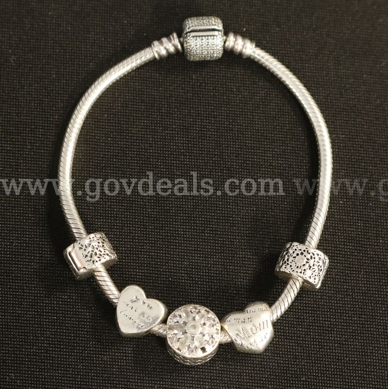 Sterling Silver Pandora Moments Charm Bracelet with 5 Charms, 29.8 Grams