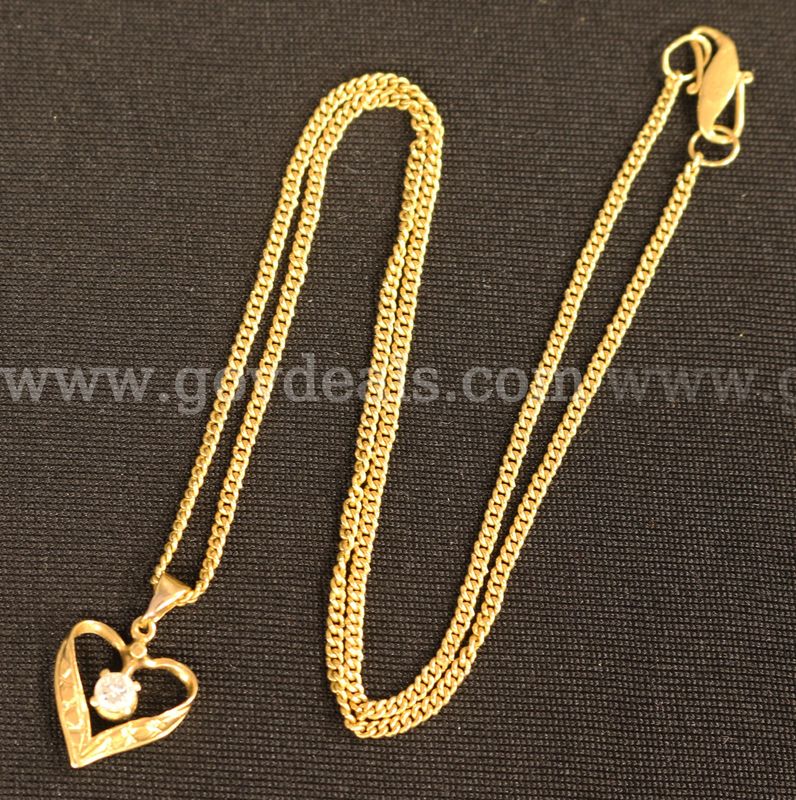 22k Yellow Gold Curb Link Necklace and Diamond Heart Pendant, 7.1 Grams Total