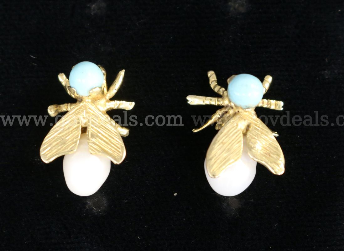 14K Yellow Gold Bug Motif Earrings With Turquoise & Baroque Pearls, 3.9 Grams