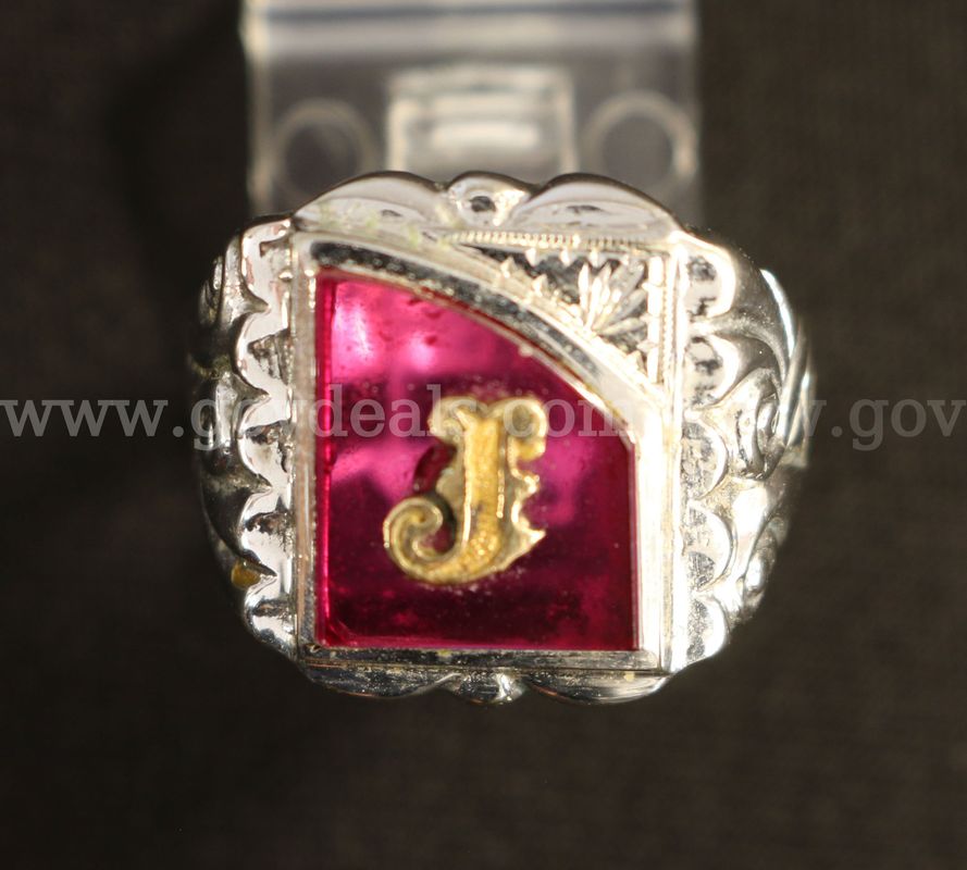10K White Gold Initial Ring W/Synthetic Ruby, 7.1 Grams