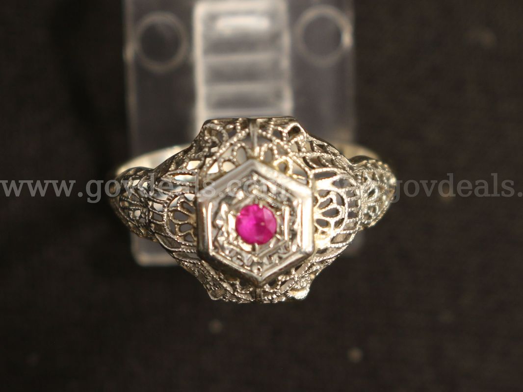 14K White Gold Filigree Design Ring With Synthetic Ruby, 2.4 Grams