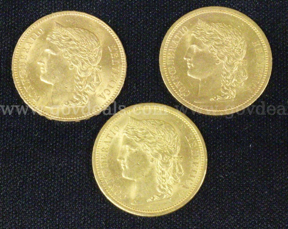 3 Swiss Gold Helvetia 20 Francs Coins, 19.2 Grams