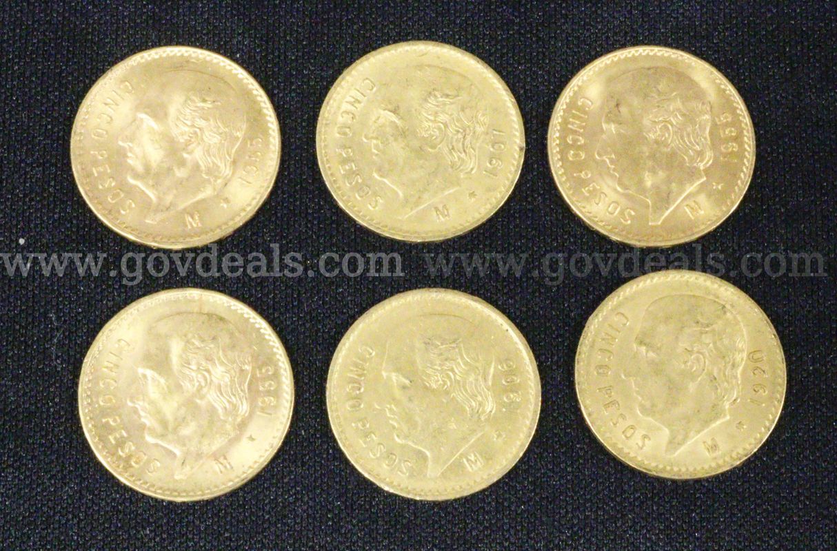 6 Assorted Date Mexico Cinco Pesos Gold Coins, 24.96 Grams Total