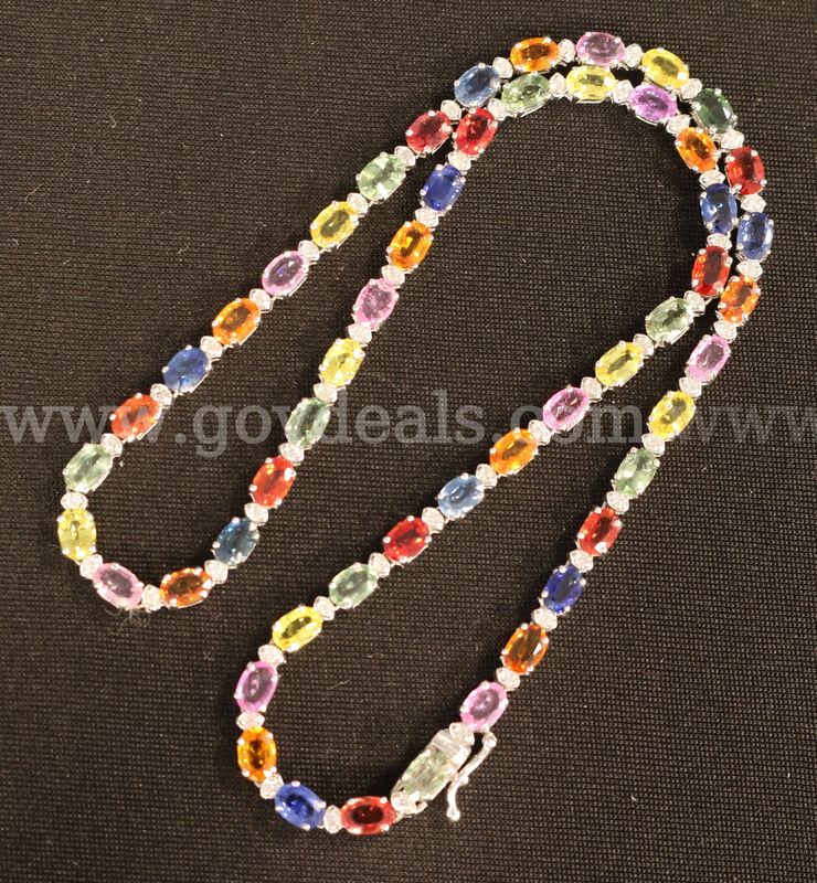 14K White Gold Necklace W/Multi-Color Mixed Cut Sapphires & Diamonds, 20.6 Grams