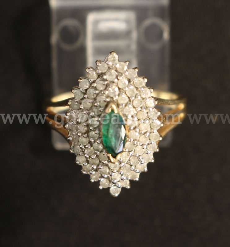10k Yellow Gold Marquise Shaped Cluster Ring w/ Diamonds and Emerald, 3.6 Grams