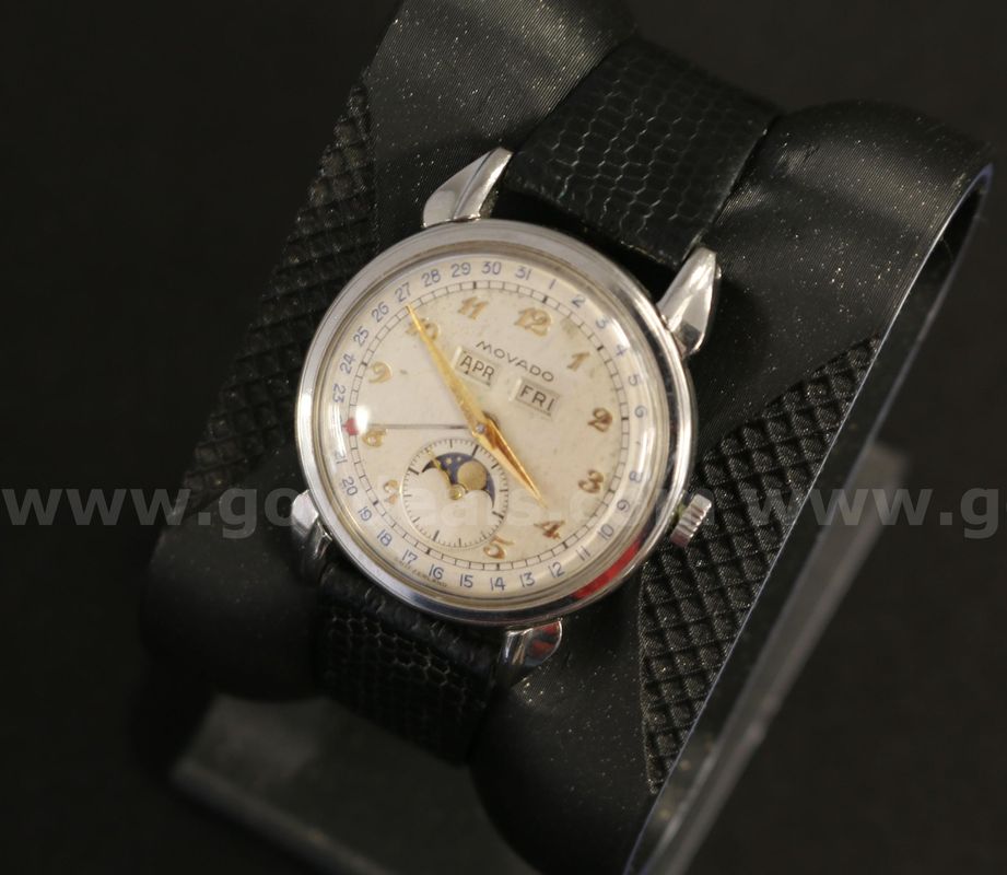 1950's Movado Watch Stainless Steel Case & Black Leather Band