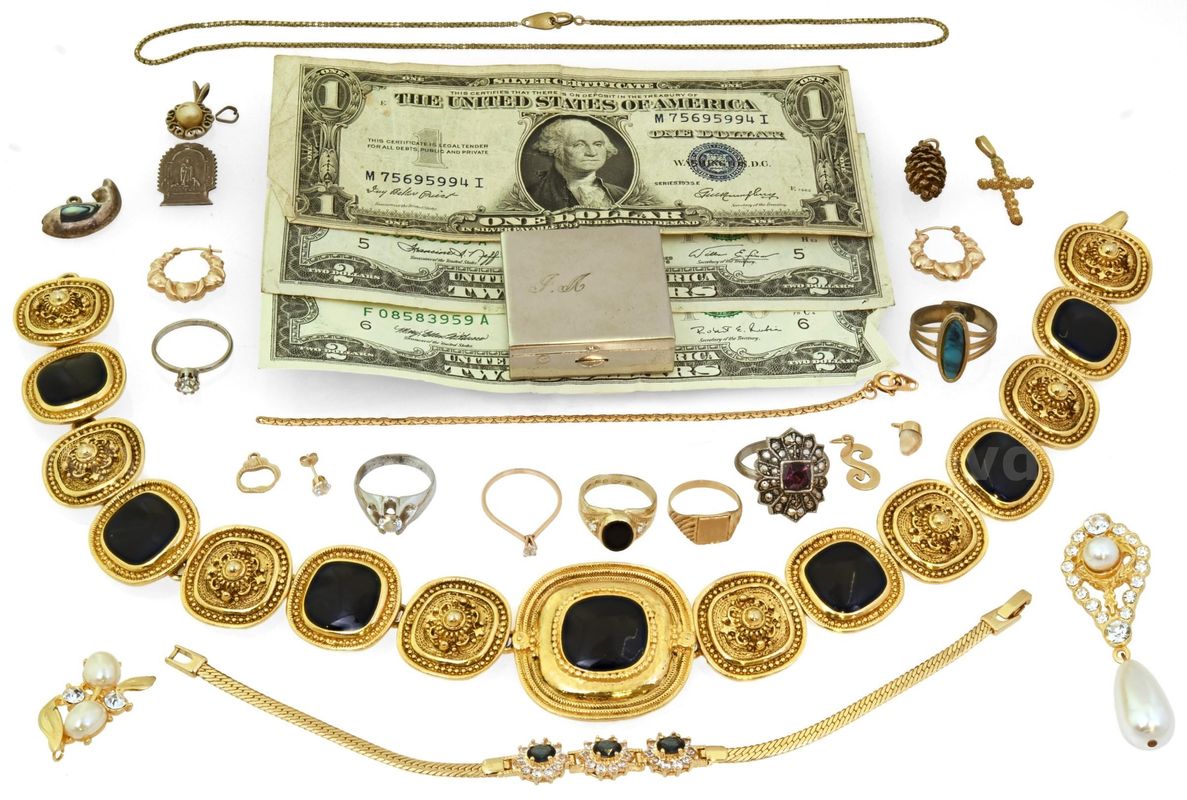 Estate Gold and Costume Jewelry Lot with Currency