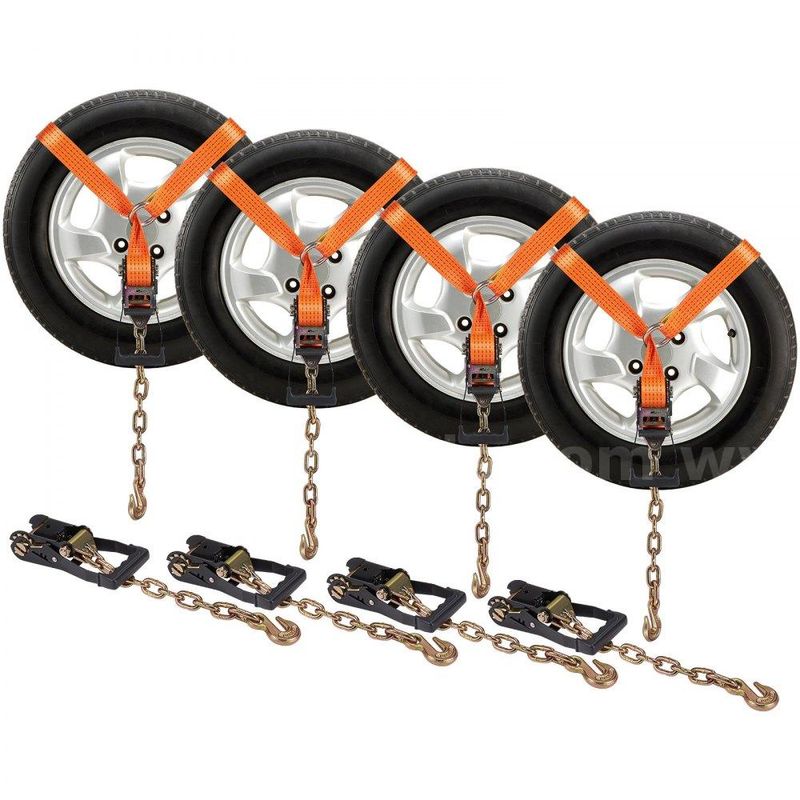 Set Of 4 Brand New Heavy Duty Tire Tie Down Straps With Chain Hooks Tow Towing Flatbed - $75 Reserve - Shipping Only