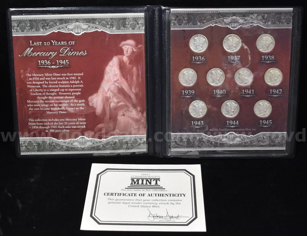 10 Real Silver Mercury Dimes U.S. United States Coin Set In Collectors Display- Ship Only