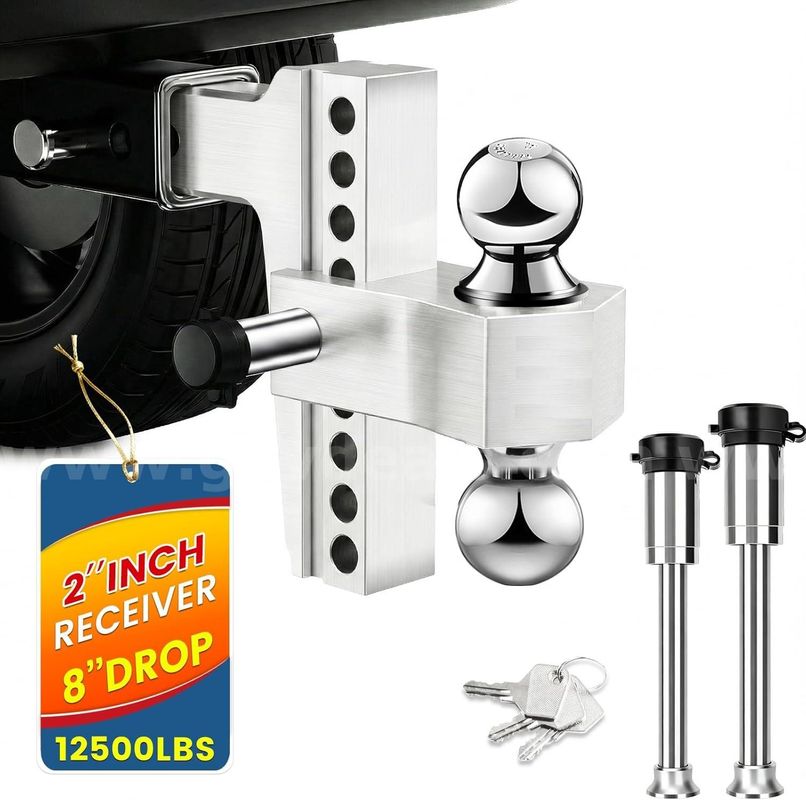 Brand New Aluminum 12,500 Lb 8 Inch Drop / Rise Adjustable Trailer Tow Towing Hitch Multiple Ball Sizes - Shipping Only